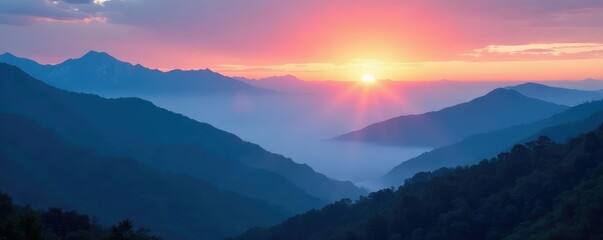 Misty dawn breaks over the mountains, revealing a serene landscape, blue, dawn