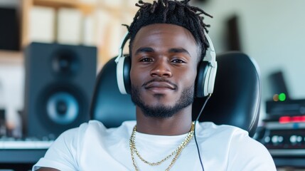 A fashionable young man with dreadlocks enjoys listening to music in a contemporary studio, showcasing the blend of style and musical passion within creative spaces.