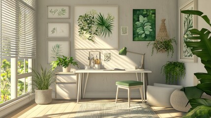 Obraz premium Modern home office with greenery, natural light, artwork
