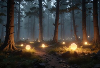 Forest clearing illuminated by soft glowing orbs , radiant woods, luminescent foliage