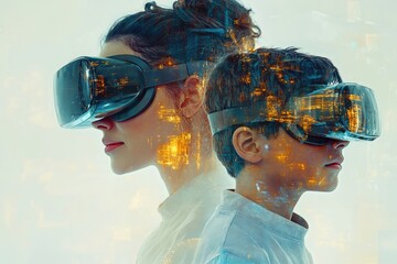 A woman and a boy experience virtual reality, their faces overlaid with a cityscape, showcasing technological advancement and immersion.
