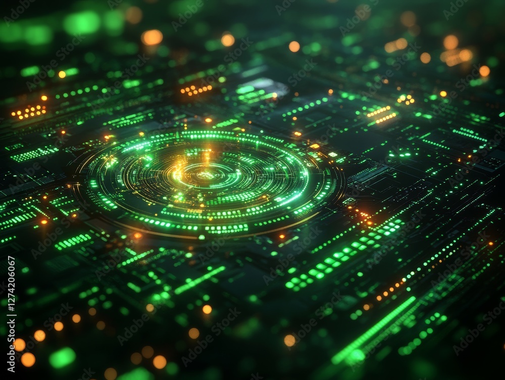 Poster glowing green techscape: abstract digital circuit board with futuristic circular design, highlightin