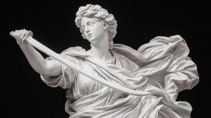 Obraz premium Protective goddess with sword and shield artistic sculpture museum dramatic lighting inspiring strength