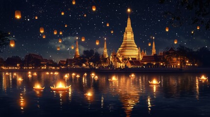 A serene night scene featuring a temple illuminated by floating lanterns and reflections on the water, creating a magical atmosphere.