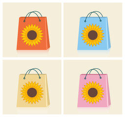 Modern minimalist shopping bag icon symbol. Tote bag with sunflower drawing. Sale concept. All layered and grouped. Vector.