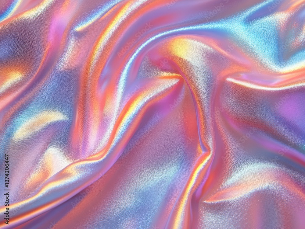 Poster iridescent flow: abstract waves of light and color on textured fabric, a modern holographic textile 