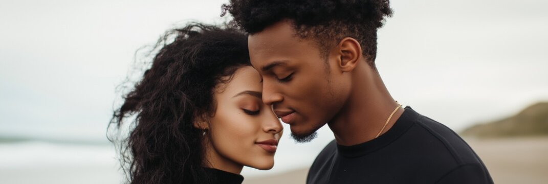 A man and woman are hugging on a beach. The man is wearing a black shirt and the woman has long hair. Scene is romantic and intimate - Powered by Adobe