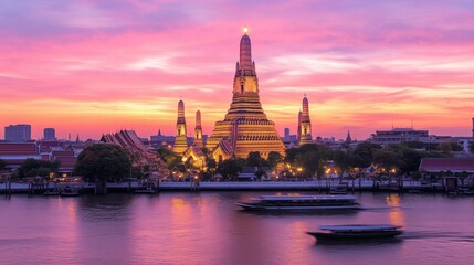 A stunning view of Wat Arun, illuminated at sunset, reflecting in the Chao Phraya River with vibrant pink and purple skies.