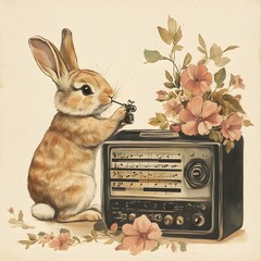 Vintage Style Watercolor of Rabbit with Retro Radio and Floral Accents