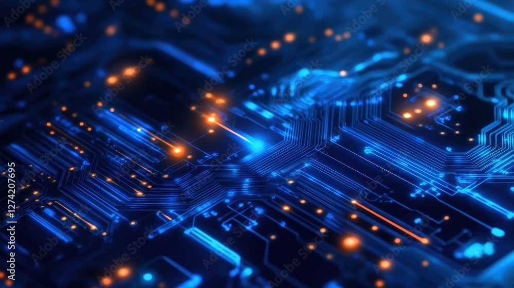 Poster a stunning close-up view of a futuristic circuit board illuminated by vibrant blue and orange lights