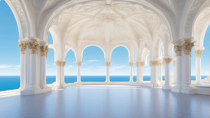 Obraz premium A grand architectural space featuring intricately carved white arches,