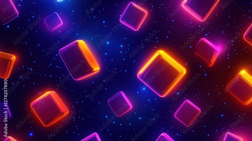 Poster an abstract illustration featuring vibrant, glowing cubes in various sizes against a starry backdrop