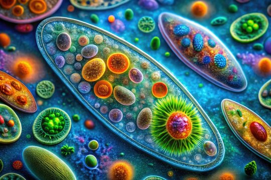 Paramecium: Ciliate protist's cellular structure illustrated, showcasing labeled parts for biology education.