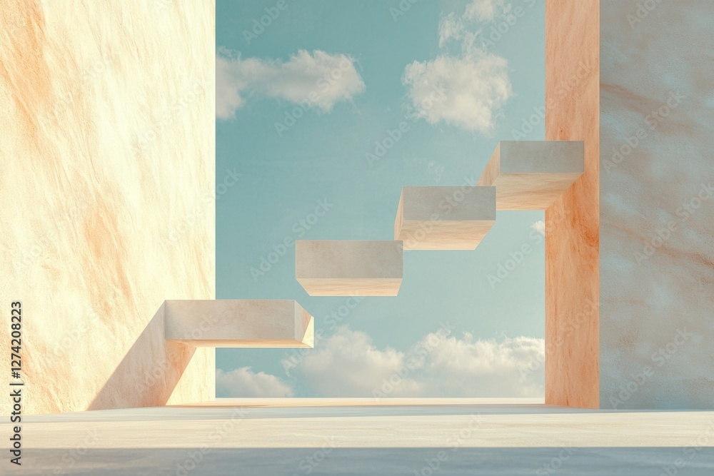 Aufkleber gravity defying objects in a surreal room dreamlike atmosphere digital art minimalist setting unique