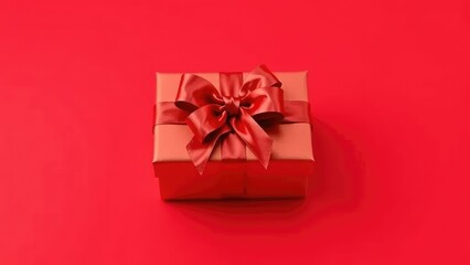 Fototapeta premium Gift box with red ribbon tied in a bow on an isolated red background, gold, gift