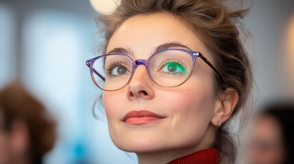 Fototapeta premium Woman with glasses is smiling and looking at the camera. She has green eyes and is wearing a red sweater