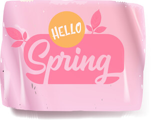 Hello spring vector pink plastic sticker isolated on transparent white background. Kids Hello spring label, icon, print, banner design template with cartoon text, spring vibe. Hello march