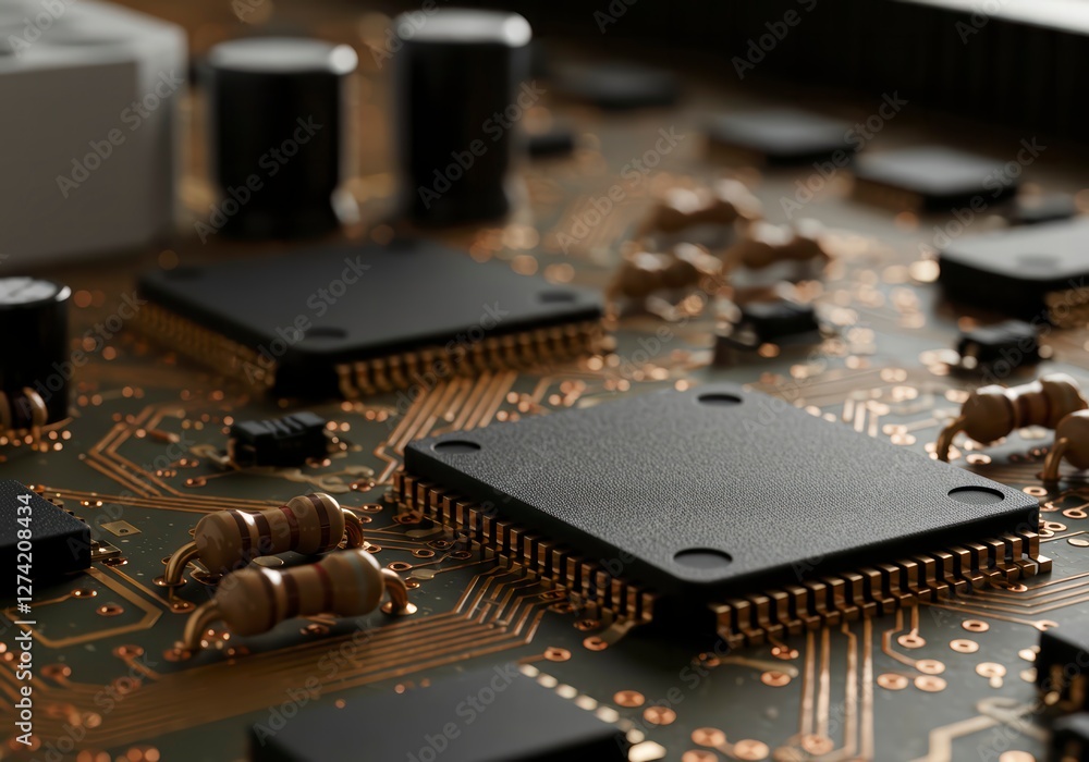 Aufkleber close-up view of electronic circuit board with intricate microchip details