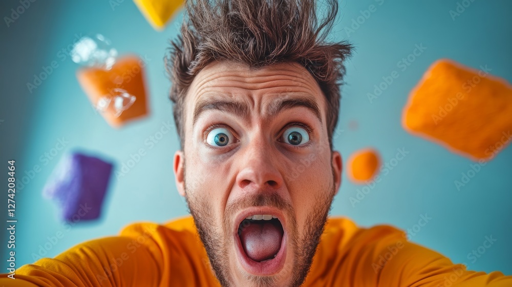 Poster man with a surprised expression on his face is surrounded by a bunch of colorful objects. concept of
