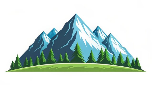 Mountain Range Illustration, Snowcapped Peaks, Evergreen Forest, White Background