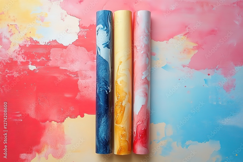 Poster colorful paper rolls with a marble effect against a vibrant painted backdrop abstract textures blend