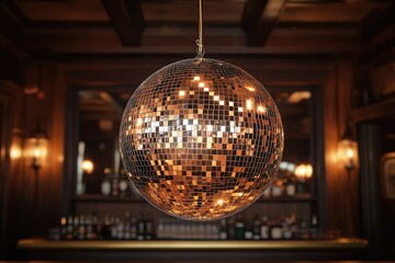 Obraz premium A gleaming disco ball hangs in a dimly lit, sophisticated bar, reflecting the ambient light.