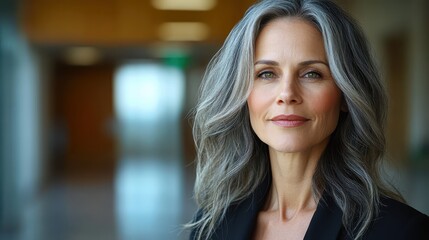 Obraz premium Confident Mature Woman with Gray Hair in Modern Office Building