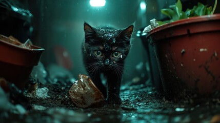 A striking black cat wanders through a rain-soaked urban alley, adding an air of mystery and curiosity to the scene, illuminating its captivating green eyes.