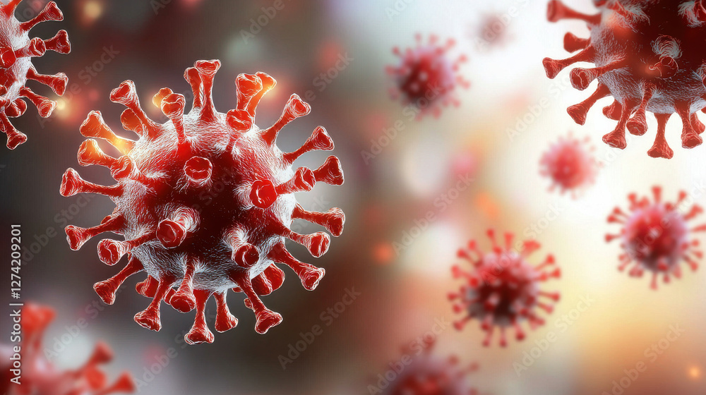 Poster conceptual image of influenza virus, showcasing its structure and features. vibrant red color and in