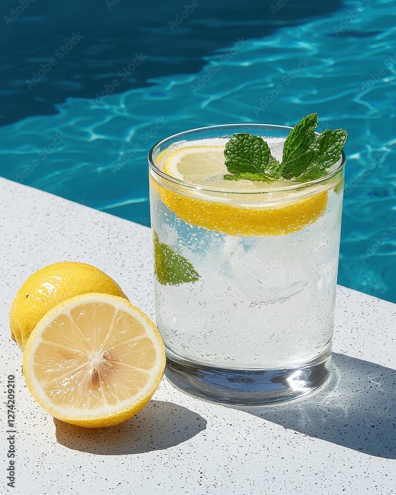 Poster refreshing lemonade with mint and ice by a poolside beverage summer vibes bright and inviting
