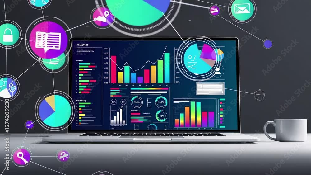 Aufkleber Marketing analysis concept with colorful icons appearing on a laptop computer screen showing charts and pie graphs with a coffee cup on a desk in slow motion