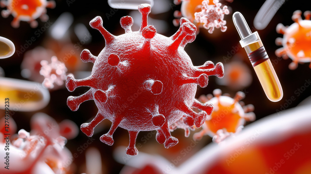 Poster conceptual image of influenza virus with surrounding cells and capsules, illustrating complexity of 
