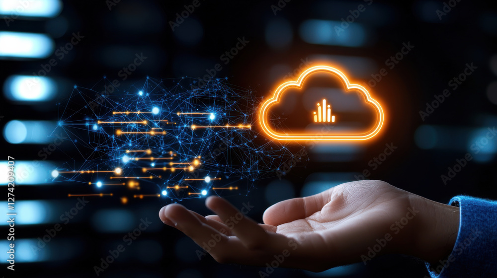 Poster digital illustration showcasing cloud technology with data visualization and connectivity. image con