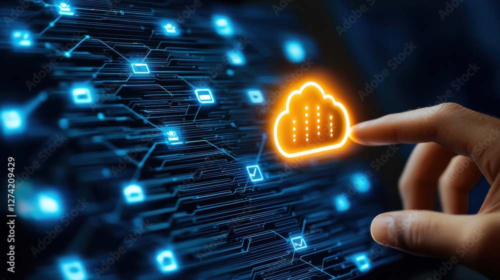Poster futuristic digital illustration of cloud computing with glowing elements, showcasing technology and 