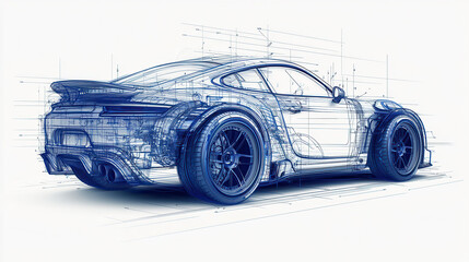 detailed 3D blueprint of advanced vehicle showcasing intricate design elements and technical specifications. blueprint emphasizes vehicle sleek lines and engineering precision