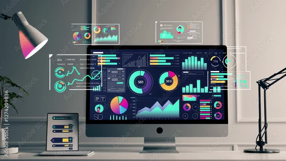 Fototapete Growth charts and business data analysis are displayed on a computer screen in a modern office, creating a dynamic visualization of success