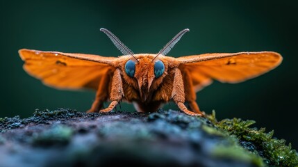 An impressive close-up image of an orange moth sitting on a moss-covered log, highlighting its detailed features and colors, inviting viewers to appreciate nature's intricacies.