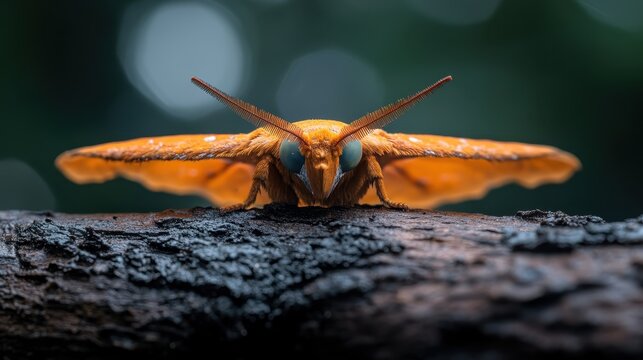 An intense close-up of an orange moth perched on a wooden surface, showcasing its vibrant coloration and striking features, evoking feelings of curiosity and wonder in nature. - Powered by Adobe