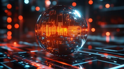 Data sphere on circuit, tech background