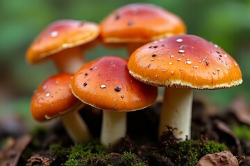 Obraz premium Close-up of vibrant orange and red speckled mushrooms in forest floor