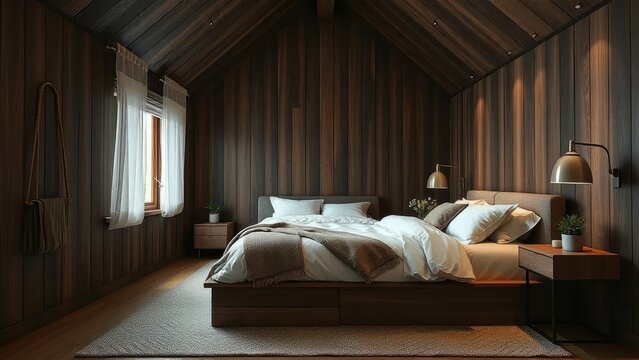 Espacio de dormir con techos altos y paredes de madera oscura, textura madera, habitaci&oacute;n