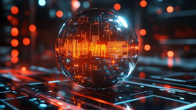 Data sphere on circuit, tech background