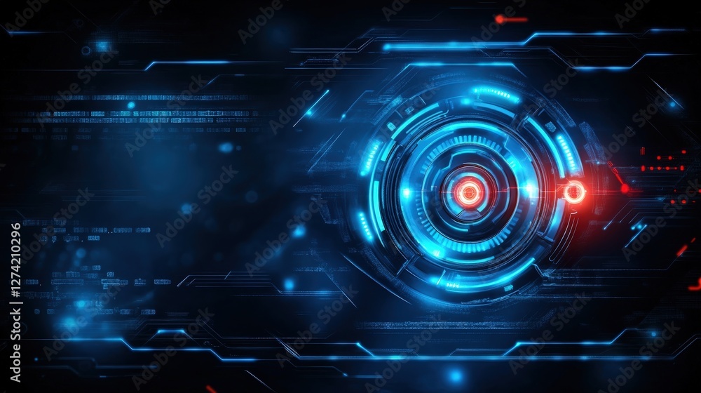 Poster futuristic abstract dark background with glowing blue and red digital elements. ideal for presentati