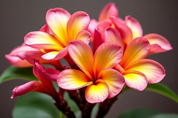 Naklejka premium Closeup of Vibrant Pink and Yellow Plumeria Flowers