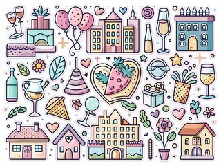 Naklejka premium Pastel bachelorette party stickers featuring fun, urban exploration doodle art.