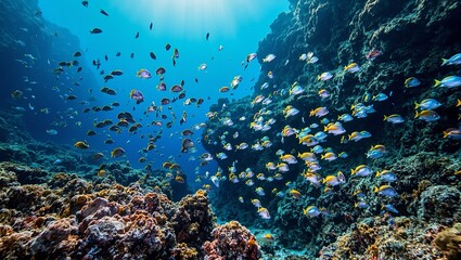 Fototapeta premium Neon tropical fish swimming through vibrant coral reef