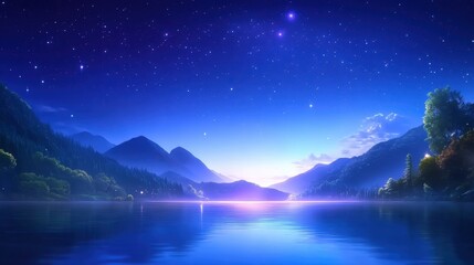 A serene twilight scene showcasing a tranquil lake surrounded by majestic mountains under a starry sky. The peaceful atmosphere invites reflection and connection with nature.