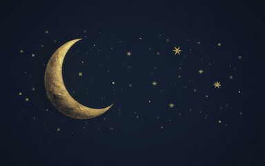Naklejka premium Ramadan Crescent Moon and Golden Stars on Dark Navy Blue Background