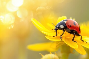 Obraz premium Colorful ladybug perched on a green leaf under soft sunlight in a tranquil garden setting