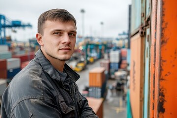 Obraz premium Confident Dockworker at a Busy Cargo Port